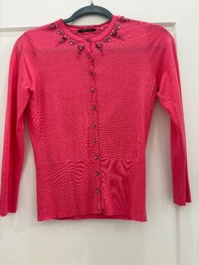 ELIE TAHARI Pink 3/4 Sleeve Wool Bejeweled Trim Sweater; Size: XS;